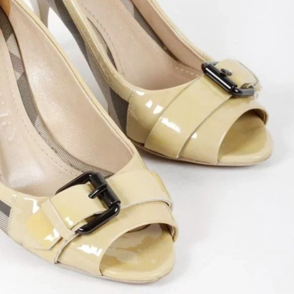 Burberry Nova Check Coated Canvas Beige Peep Toe Heels - Picture 6 of 9
